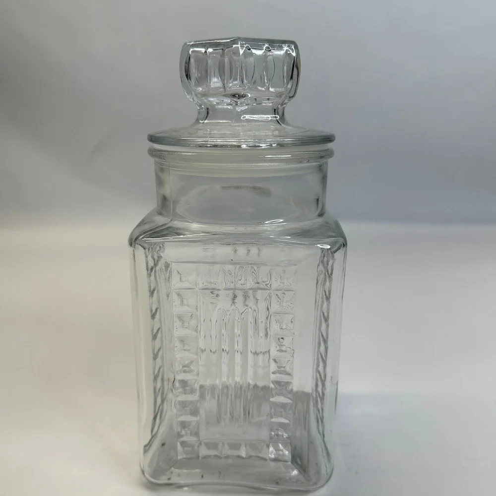 Vintage Clear Glass Square Apothecary Jar with Hexagonal Lid Embossed Detail